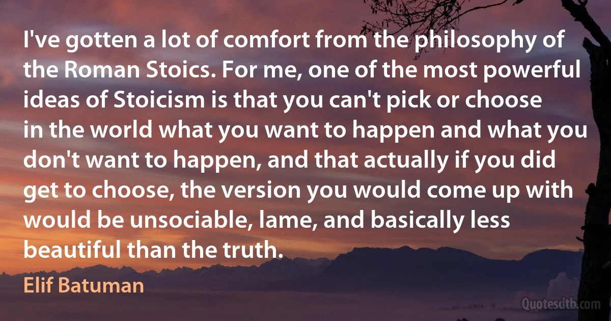 I've gotten a lot of comfort from the philosophy of the Roman Stoics. For me, one of the most powerful ideas of Stoicism is that you can't pick or choose in the world what you want to happen and what you don't want to happen, and that actually if you did get to choose, the version you would come up with would be unsociable, lame, and basically less beautiful than the truth. (Elif Batuman)