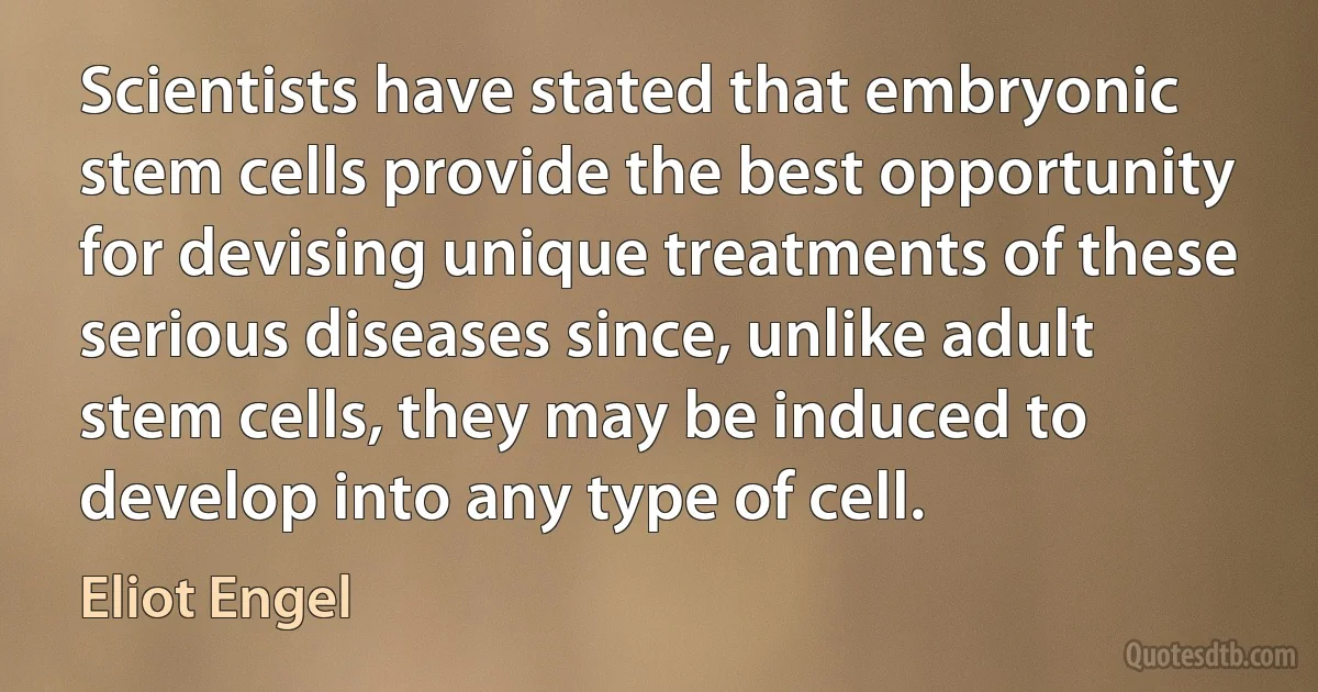 Scientists have stated that embryonic stem cells provide the best opportunity for devising unique treatments of these serious diseases since, unlike adult stem cells, they may be induced to develop into any type of cell. (Eliot Engel)