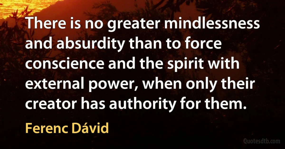 There is no greater mindlessness and absurdity than to force conscience and the spirit with external power, when only their creator has authority for them. (Ferenc Dávid)