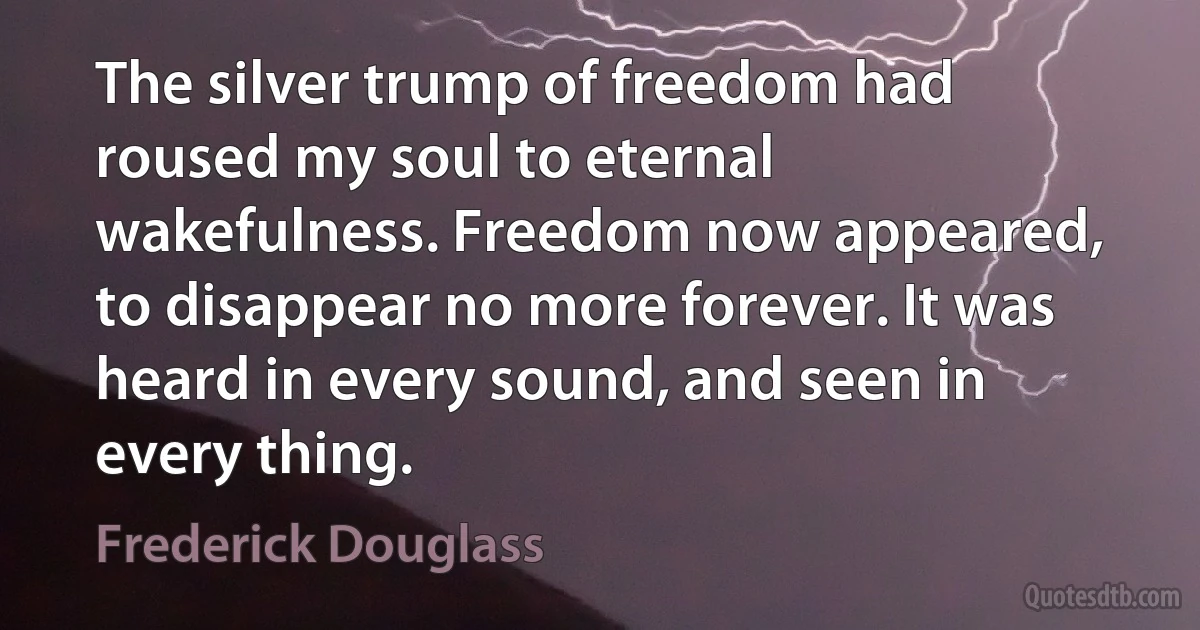 The silver trump of freedom had roused my soul to eternal wakefulness. Freedom now appeared, to disappear no more forever. It was heard in every sound, and seen in every thing. (Frederick Douglass)