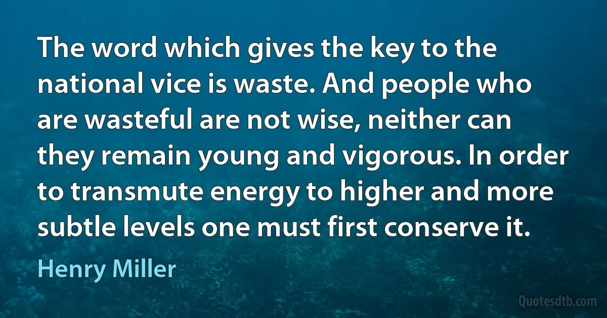 The word which gives the key to the national vice is waste. And people who are wasteful are not wise, neither can they remain young and vigorous. In order to transmute energy to higher and more subtle levels one must first conserve it. (Henry Miller)