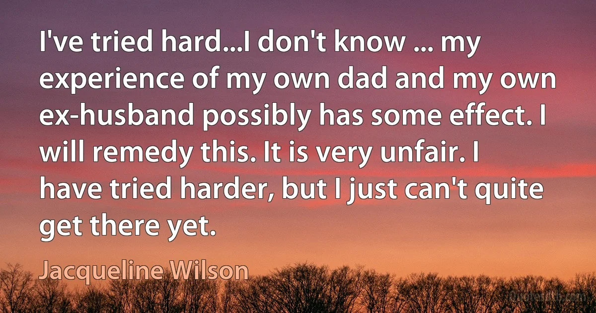 I've tried hard...I don't know ... my experience of my own dad and my own ex-husband possibly has some effect. I will remedy this. It is very unfair. I have tried harder, but I just can't quite get there yet. (Jacqueline Wilson)