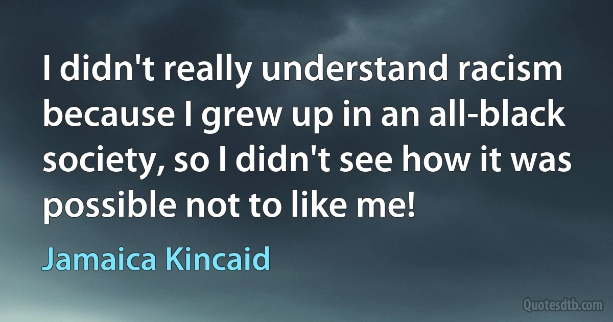 I didn't really understand racism because I grew up in an all-black society, so I didn't see how it was possible not to like me! (Jamaica Kincaid)