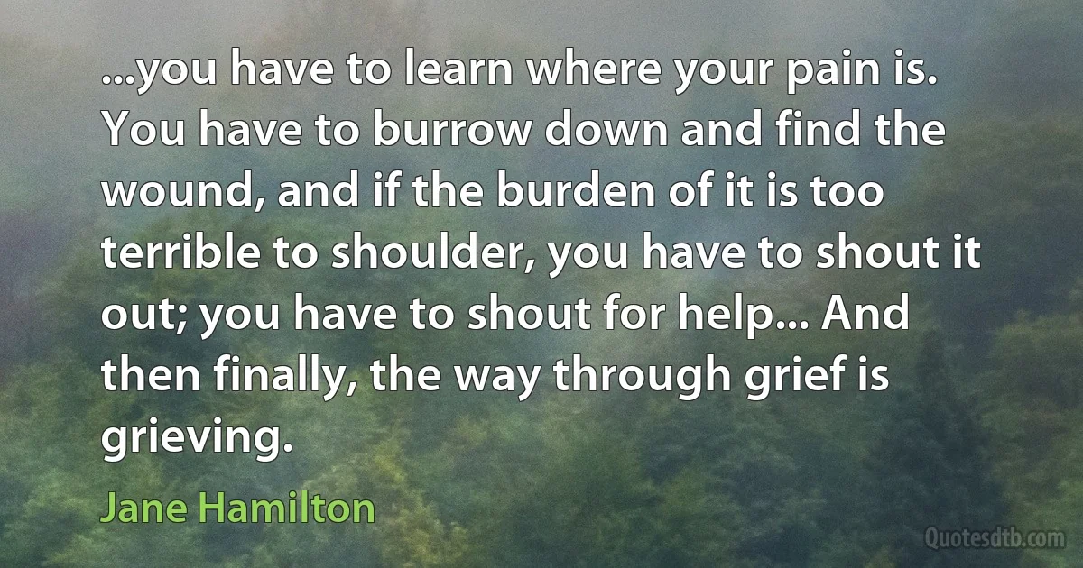 ...you have to learn where your pain is. You have to burrow down and find the wound, and if the burden of it is too terrible to shoulder, you have to shout it out; you have to shout for help... And then finally, the way through grief is grieving. (Jane Hamilton)