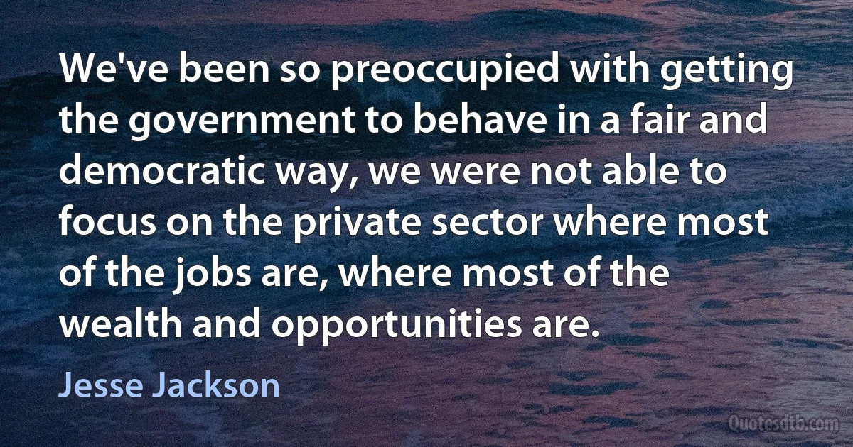 We've been so preoccupied with getting the government to behave in a fair and democratic way, we were not able to focus on the private sector where most of the jobs are, where most of the wealth and opportunities are. (Jesse Jackson)