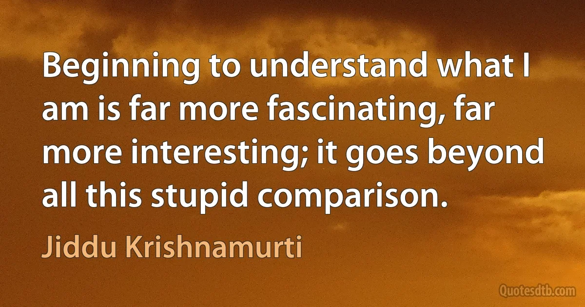 Beginning to understand what I am is far more fascinating, far more interesting; it goes beyond all this stupid comparison. (Jiddu Krishnamurti)