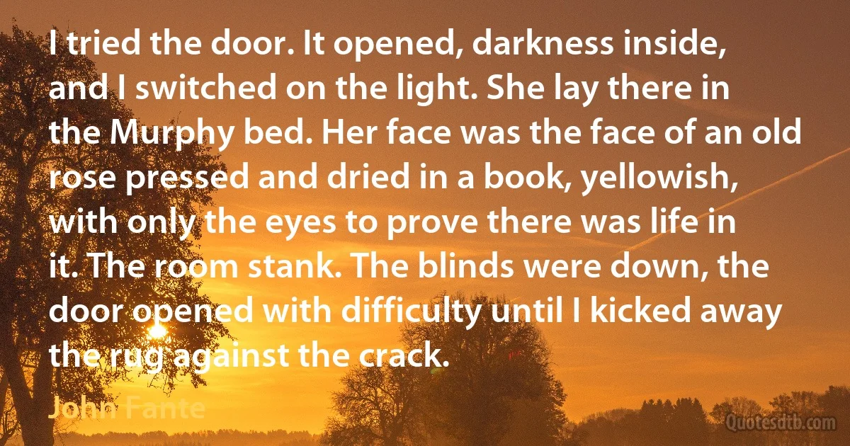 I tried the door. It opened, darkness inside, and I switched on the light. She lay there in the Murphy bed. Her face was the face of an old rose pressed and dried in a book, yellowish, with only the eyes to prove there was life in it. The room stank. The blinds were down, the door opened with difficulty until I kicked away the rug against the crack. (John Fante)