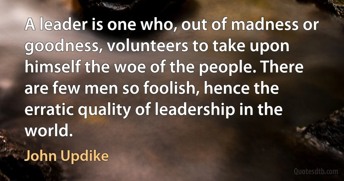 A leader is one who, out of madness or goodness, volunteers to take upon himself the woe of the people. There are few men so foolish, hence the erratic quality of leadership in the world. (John Updike)