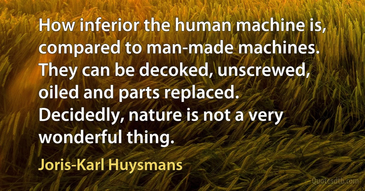 How inferior the human machine is, compared to man-made machines. They can be decoked, unscrewed, oiled and parts replaced. Decidedly, nature is not a very wonderful thing. (Joris-Karl Huysmans)