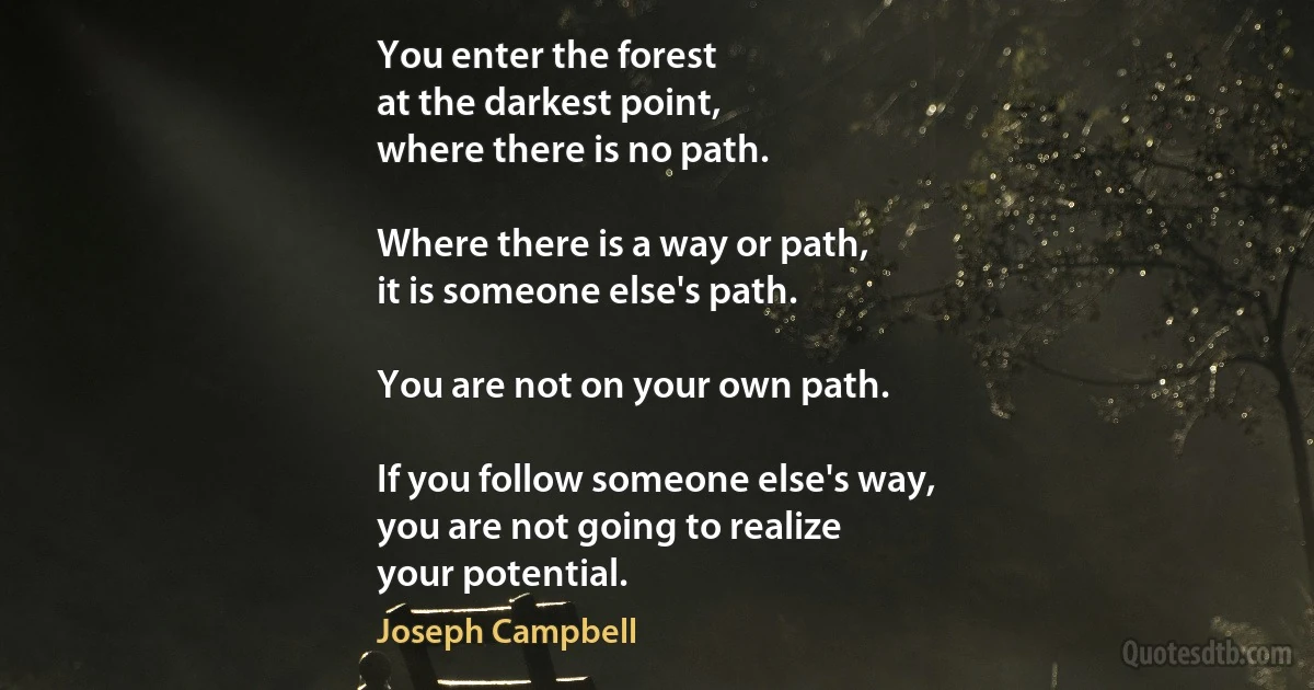 You enter the forest
at the darkest point,
where there is no path.

Where there is a way or path,
it is someone else's path.

You are not on your own path.

If you follow someone else's way,
you are not going to realize
your potential. (Joseph Campbell)