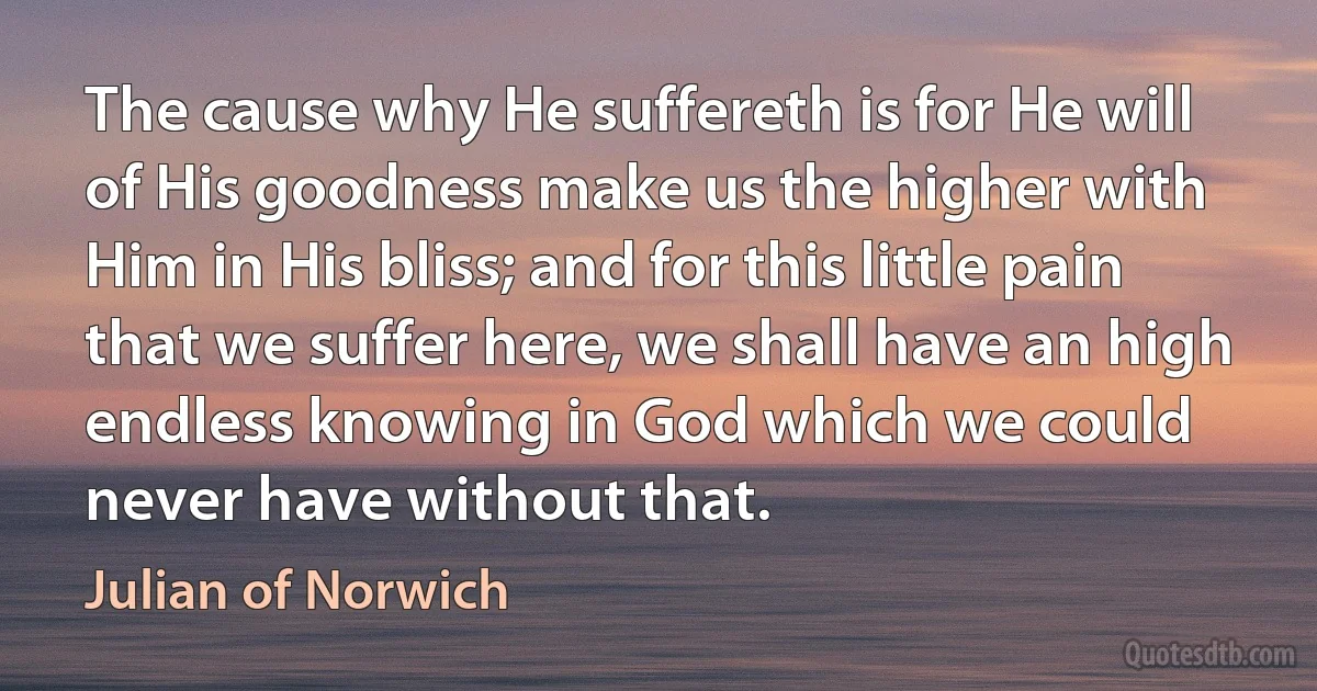 The cause why He suffereth is for He will of His goodness make us the higher with Him in His bliss; and for this little pain that we suffer here, we shall have an high endless knowing in God which we could never have without that. (Julian of Norwich)