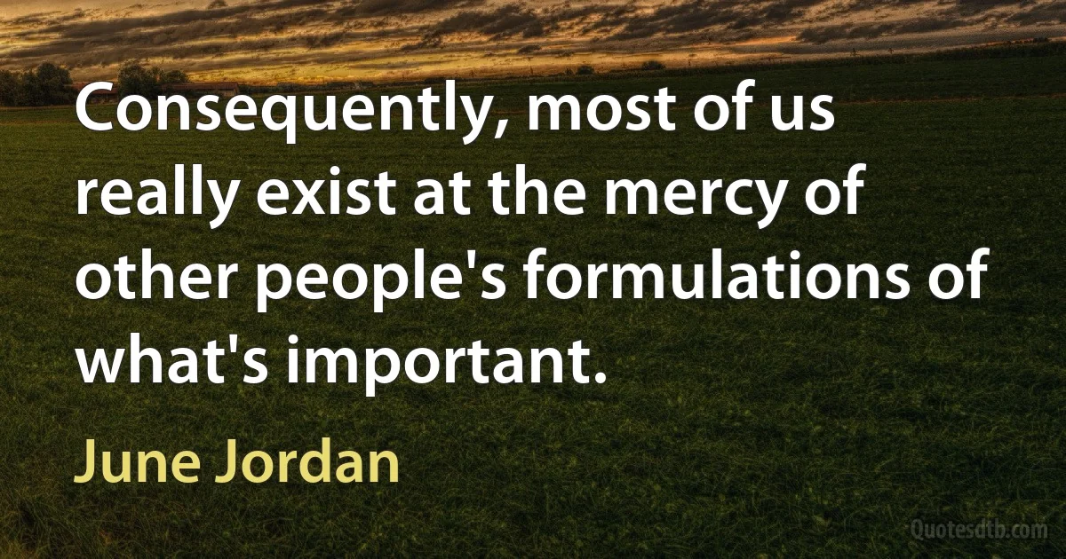 Consequently, most of us really exist at the mercy of other people's formulations of what's important. (June Jordan)