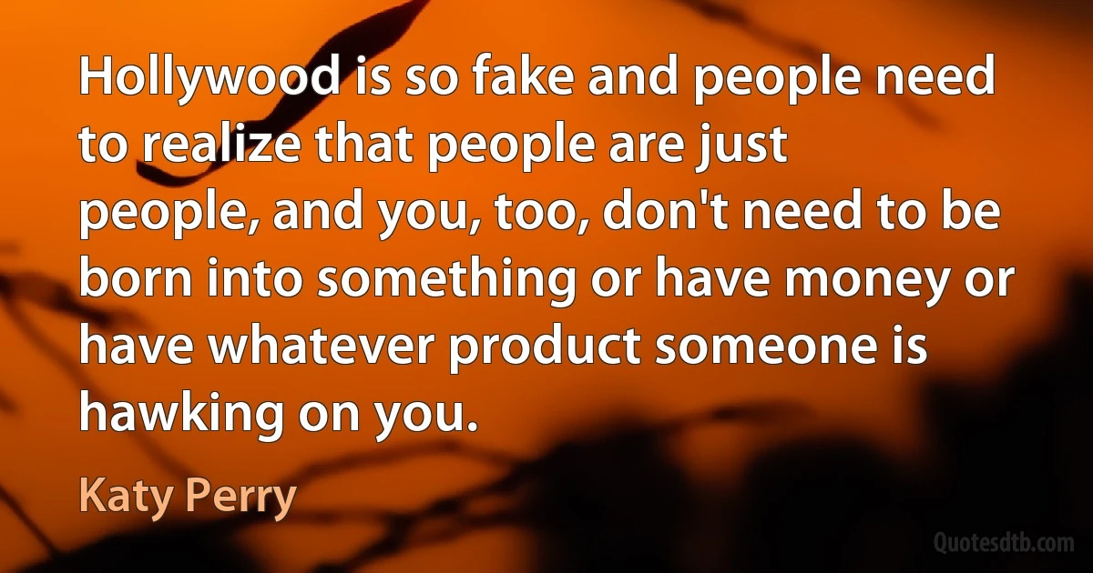 Hollywood is so fake and people need to realize that people are just people, and you, too, don't need to be born into something or have money or have whatever product someone is hawking on you. (Katy Perry)