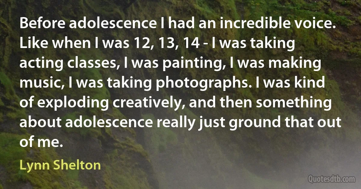 Before adolescence I had an incredible voice. Like when I was 12, 13, 14 - I was taking acting classes, I was painting, I was making music, I was taking photographs. I was kind of exploding creatively, and then something about adolescence really just ground that out of me. (Lynn Shelton)