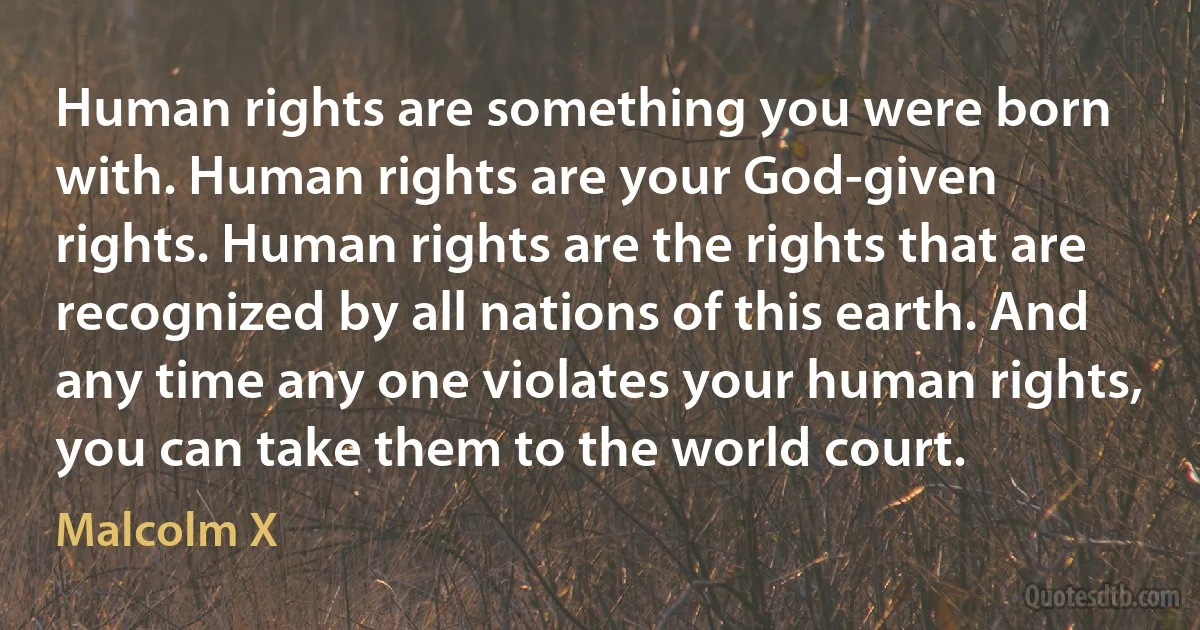 Human rights are something you were born with. Human rights are your God-given rights. Human rights are the rights that are recognized by all nations of this earth. And any time any one violates your human rights, you can take them to the world court. (Malcolm X)