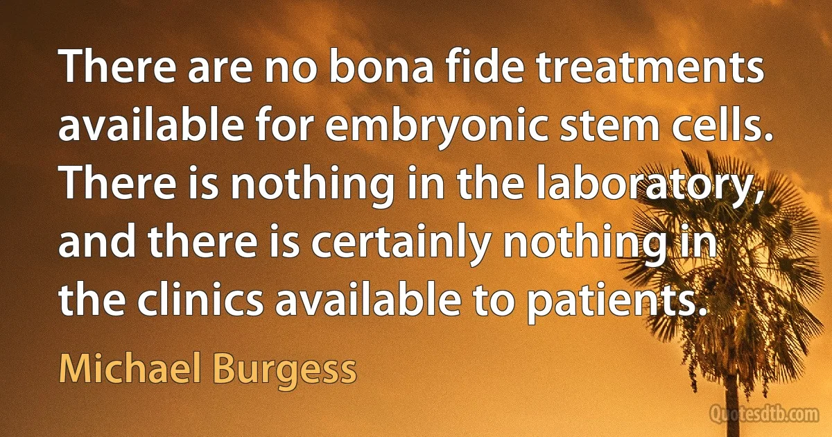 There are no bona fide treatments available for embryonic stem cells. There is nothing in the laboratory, and there is certainly nothing in the clinics available to patients. (Michael Burgess)