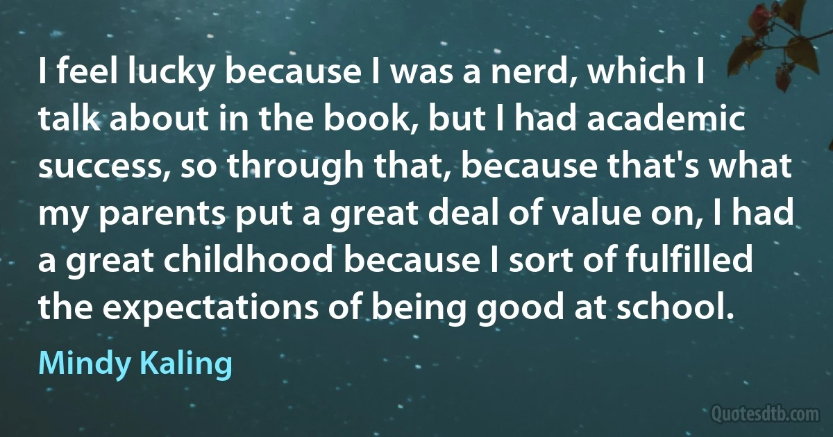 I feel lucky because I was a nerd, which I talk about in the book, but I had academic success, so through that, because that's what my parents put a great deal of value on, I had a great childhood because I sort of fulfilled the expectations of being good at school. (Mindy Kaling)