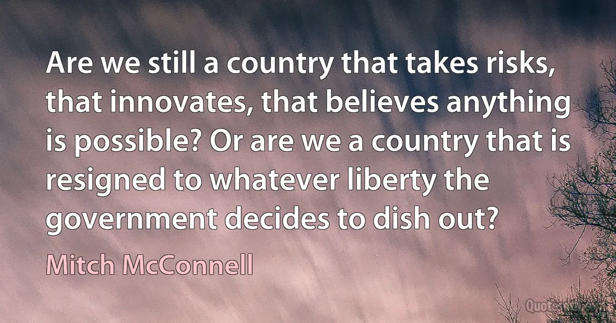 Are we still a country that takes risks, that innovates, that believes anything is possible? Or are we a country that is resigned to whatever liberty the government decides to dish out? (Mitch McConnell)