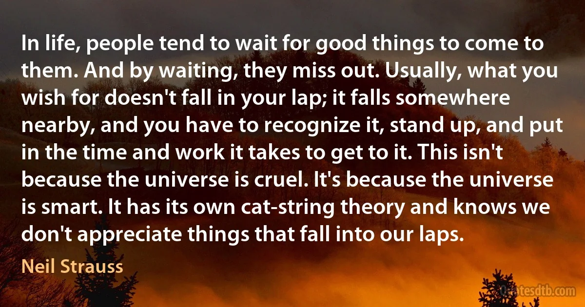 In life, people tend to wait for good things to come to them. And by waiting, they miss out. Usually, what you wish for doesn't fall in your lap; it falls somewhere nearby, and you have to recognize it, stand up, and put in the time and work it takes to get to it. This isn't because the universe is cruel. It's because the universe is smart. It has its own cat-string theory and knows we don't appreciate things that fall into our laps. (Neil Strauss)