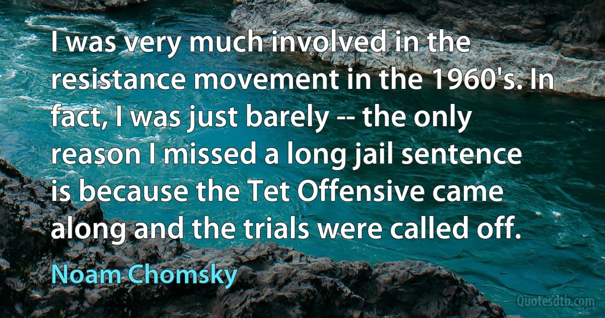 I was very much involved in the resistance movement in the 1960's. In fact, I was just barely -- the only reason I missed a long jail sentence is because the Tet Offensive came along and the trials were called off. (Noam Chomsky)