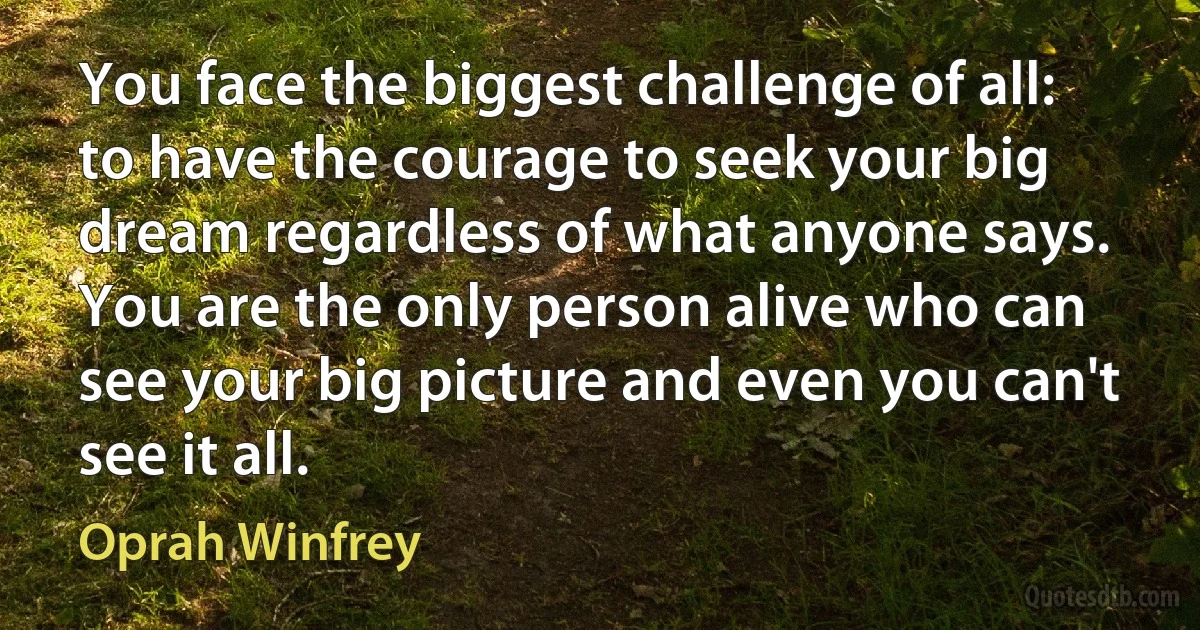 You face the biggest challenge of all: to have the courage to seek your big dream regardless of what anyone says. You are the only person alive who can see your big picture and even you can't see it all. (Oprah Winfrey)