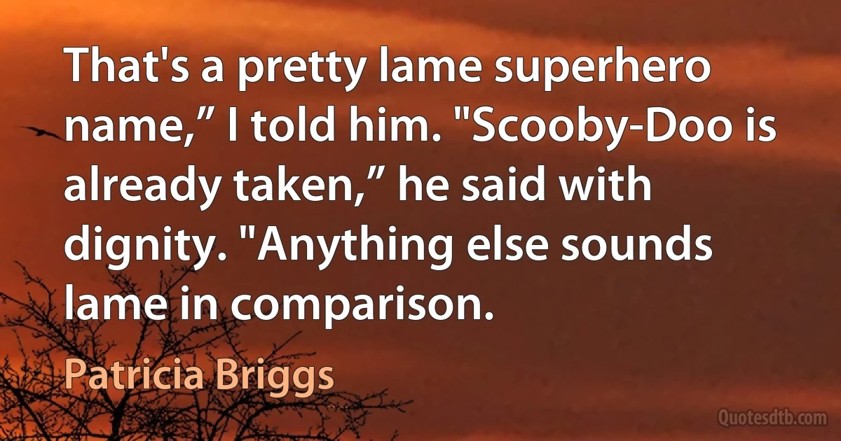 That's a pretty lame superhero name,” I told him. "Scooby-Doo is already taken,” he said with dignity. "Anything else sounds lame in comparison. (Patricia Briggs)