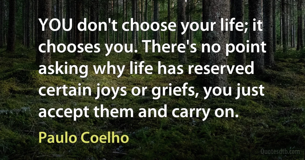 YOU don't choose your life; it chooses you. There's no point asking why life has reserved certain joys or griefs, you just accept them and carry on. (Paulo Coelho)