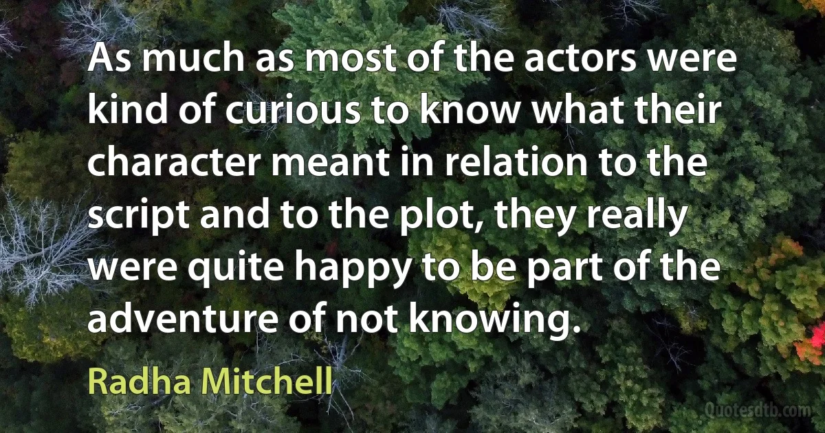 As much as most of the actors were kind of curious to know what their character meant in relation to the script and to the plot, they really were quite happy to be part of the adventure of not knowing. (Radha Mitchell)