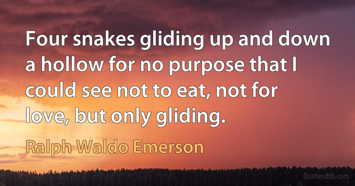 Four snakes gliding up and down a hollow for no purpose that I could see not to eat, not for love, but only gliding. (Ralph Waldo Emerson)