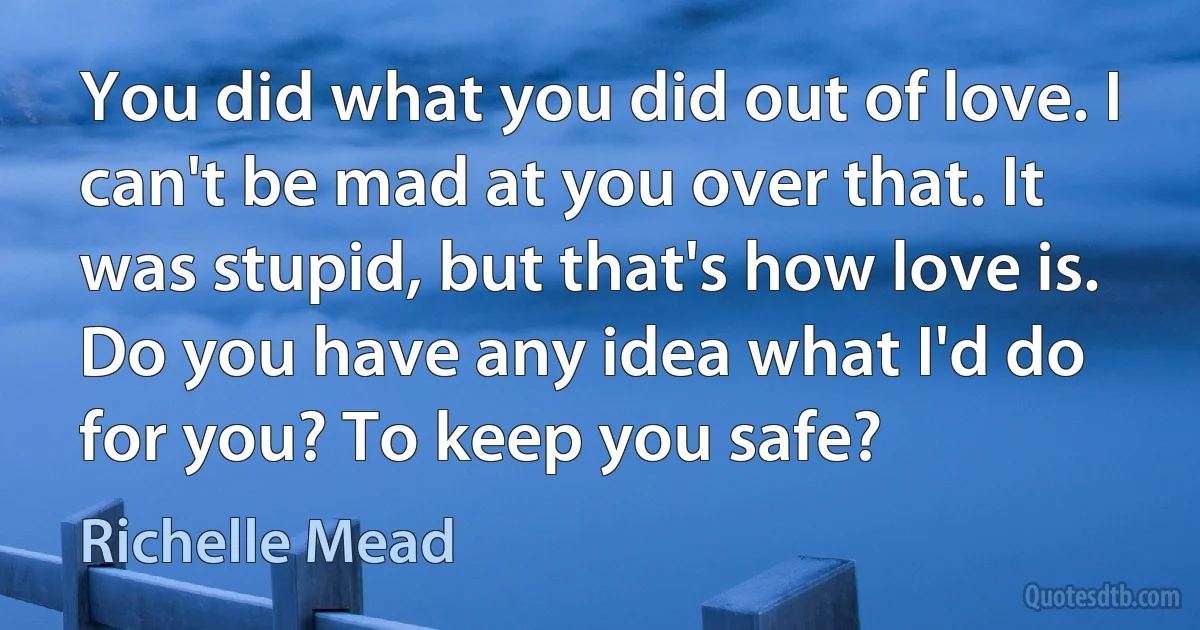 You did what you did out of love. I can't be mad at you over that. It was stupid, but that's how love is. Do you have any idea what I'd do for you? To keep you safe? (Richelle Mead)