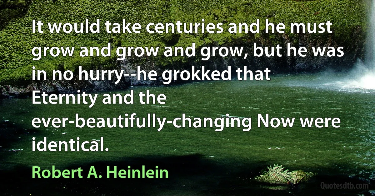 It would take centuries and he must grow and grow and grow, but he was in no hurry--he grokked that Eternity and the ever-beautifully-changing Now were identical. (Robert A. Heinlein)