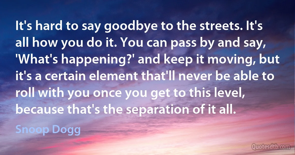 It's hard to say goodbye to the streets. It's all how you do it. You can pass by and say, 'What's happening?' and keep it moving, but it's a certain element that'll never be able to roll with you once you get to this level, because that's the separation of it all. (Snoop Dogg)