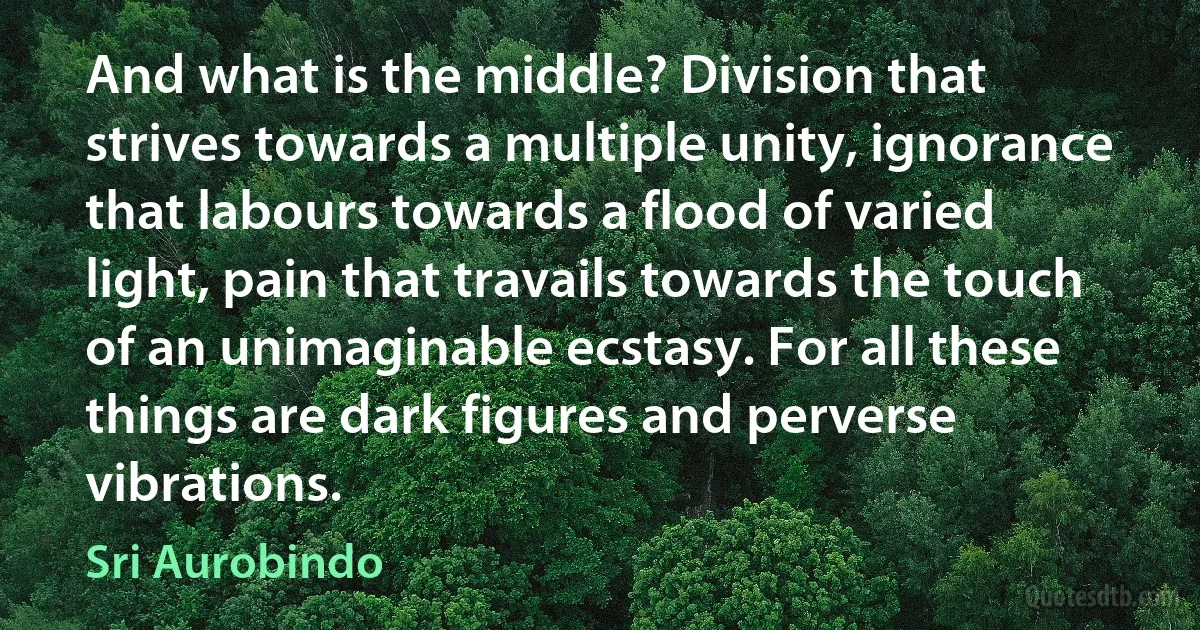 And what is the middle? Division that strives towards a multiple unity, ignorance that labours towards a flood of varied light, pain that travails towards the touch of an unimaginable ecstasy. For all these things are dark figures and perverse vibrations. (Sri Aurobindo)