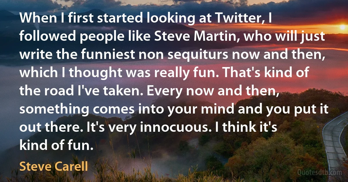 When I first started looking at Twitter, I followed people like Steve Martin, who will just write the funniest non sequiturs now and then, which I thought was really fun. That's kind of the road I've taken. Every now and then, something comes into your mind and you put it out there. It's very innocuous. I think it's kind of fun. (Steve Carell)