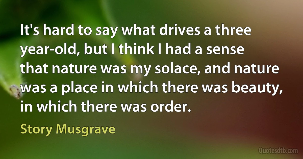 It's hard to say what drives a three year-old, but I think I had a sense that nature was my solace, and nature was a place in which there was beauty, in which there was order. (Story Musgrave)