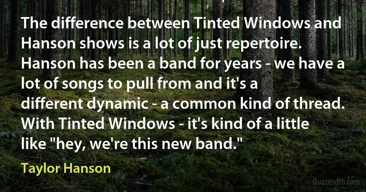 The difference between Tinted Windows and Hanson shows is a lot of just repertoire. Hanson has been a band for years - we have a lot of songs to pull from and it's a different dynamic - a common kind of thread. With Tinted Windows - it's kind of a little like "hey, we're this new band." (Taylor Hanson)