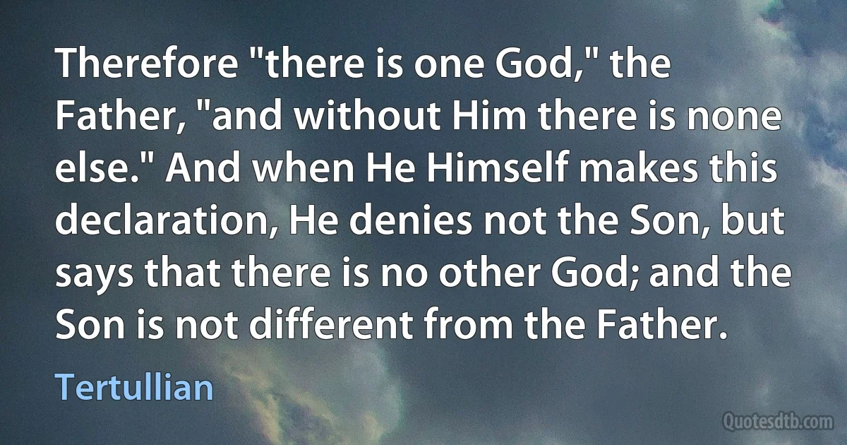 Therefore "there is one God," the Father, "and without Him there is none else." And when He Himself makes this declaration, He denies not the Son, but says that there is no other God; and the Son is not different from the Father. (Tertullian)