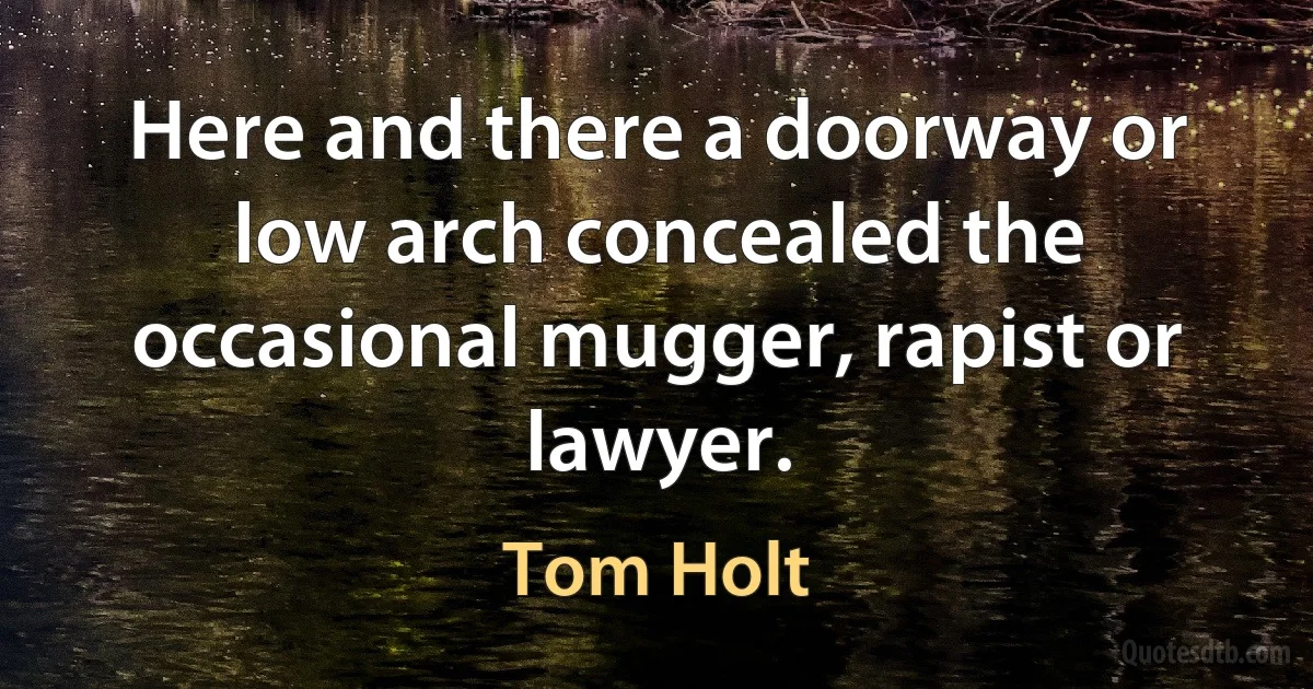 Here and there a doorway or low arch concealed the occasional mugger, rapist or lawyer. (Tom Holt)