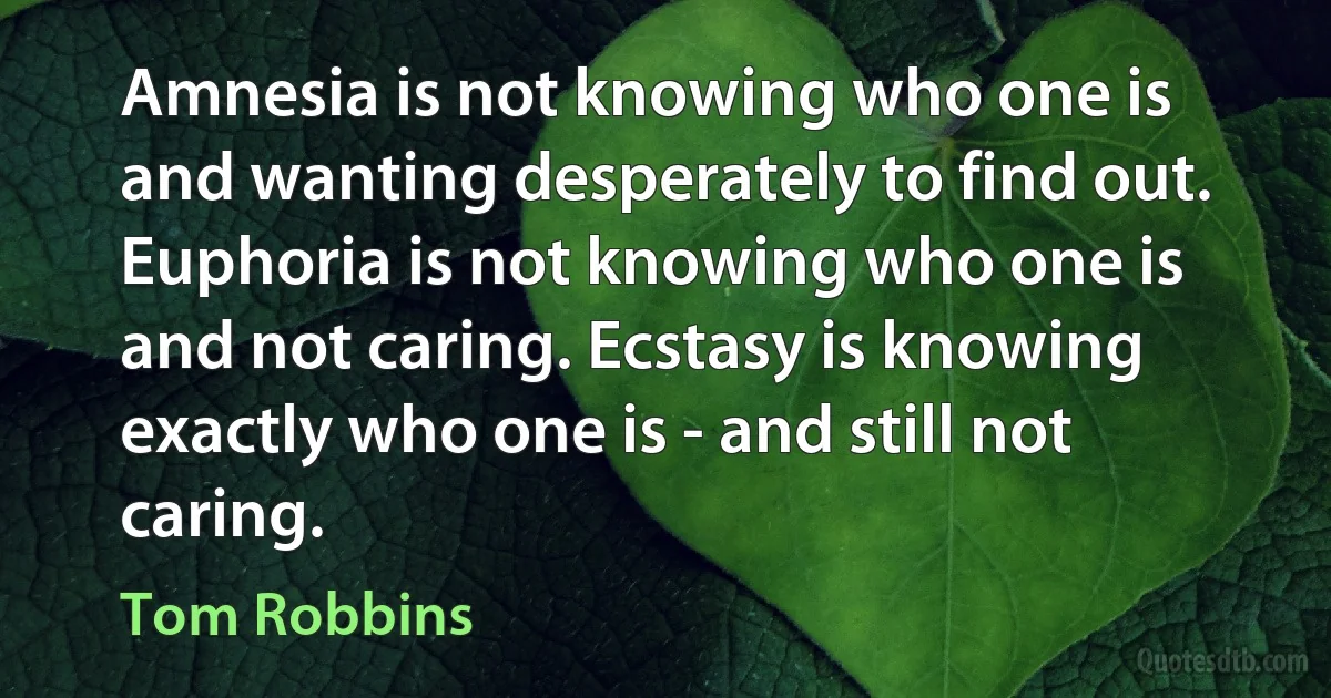 Amnesia is not knowing who one is and wanting desperately to find out. Euphoria is not knowing who one is and not caring. Ecstasy is knowing exactly who one is - and still not caring. (Tom Robbins)