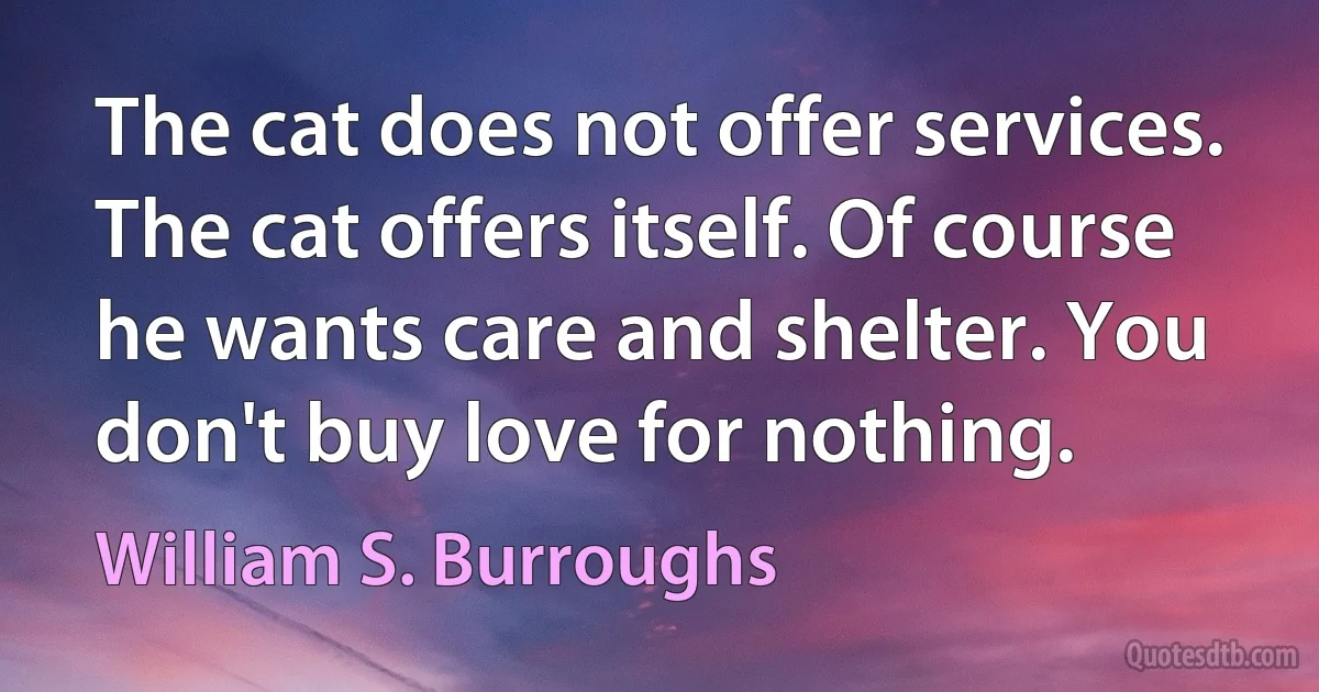 The cat does not offer services. The cat offers itself. Of course he wants care and shelter. You don't buy love for nothing. (William S. Burroughs)