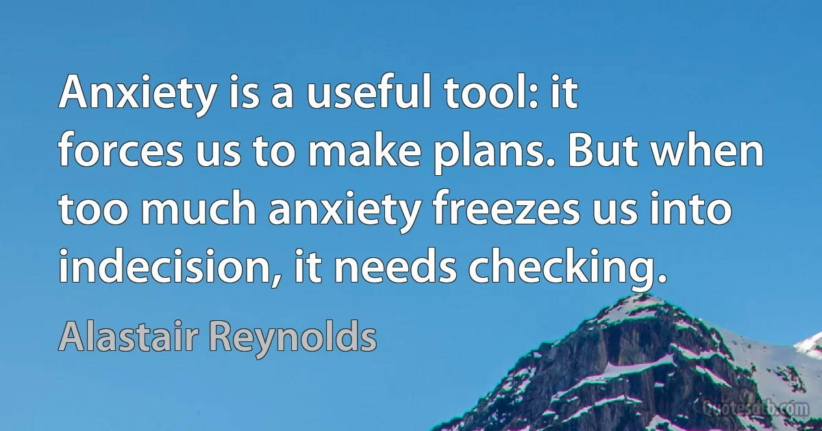 Anxiety is a useful tool: it forces us to make plans. But when too much anxiety freezes us into indecision, it needs checking. (Alastair Reynolds)