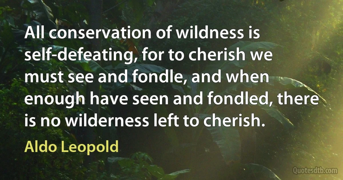 All conservation of wildness is self-defeating, for to cherish we must see and fondle, and when enough have seen and fondled, there is no wilderness left to cherish. (Aldo Leopold)