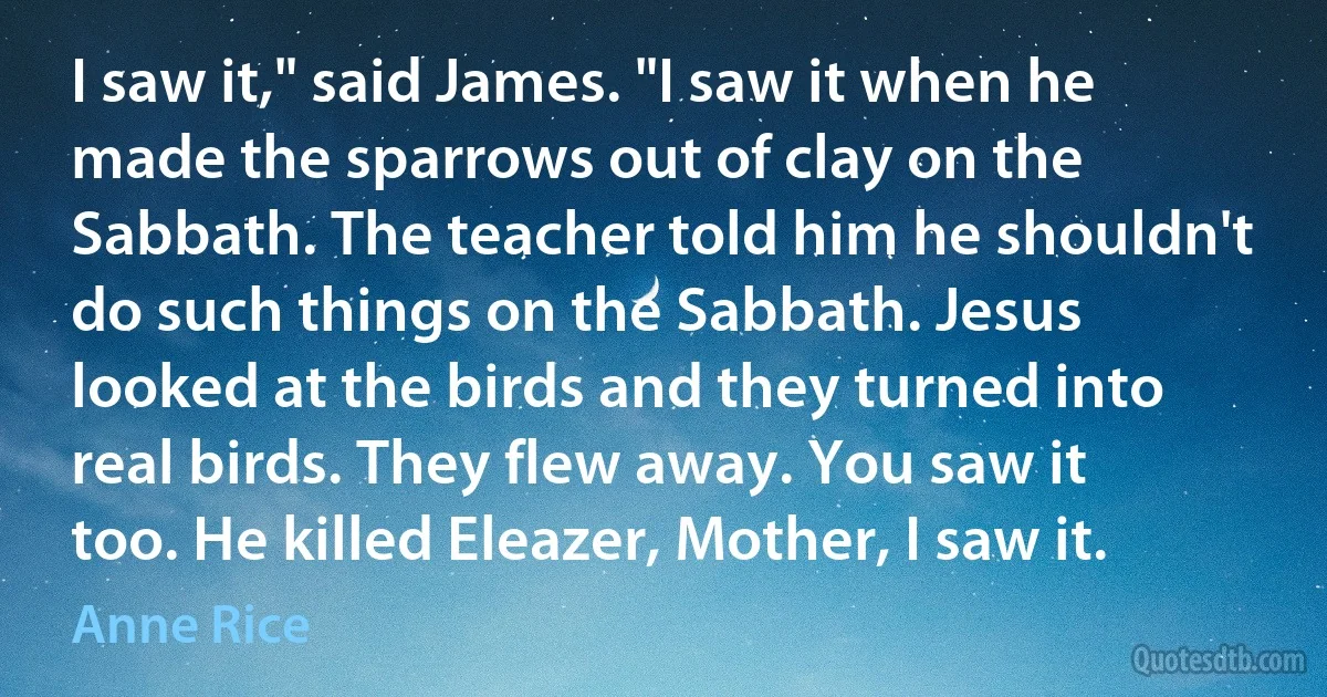 I saw it," said James. "I saw it when he made the sparrows out of clay on the Sabbath. The teacher told him he shouldn't do such things on the Sabbath. Jesus looked at the birds and they turned into real birds. They flew away. You saw it too. He killed Eleazer, Mother, I saw it. (Anne Rice)