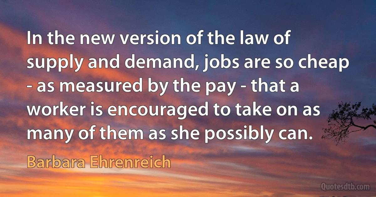 In the new version of the law of supply and demand, jobs are so cheap - as measured by the pay - that a worker is encouraged to take on as many of them as she possibly can. (Barbara Ehrenreich)