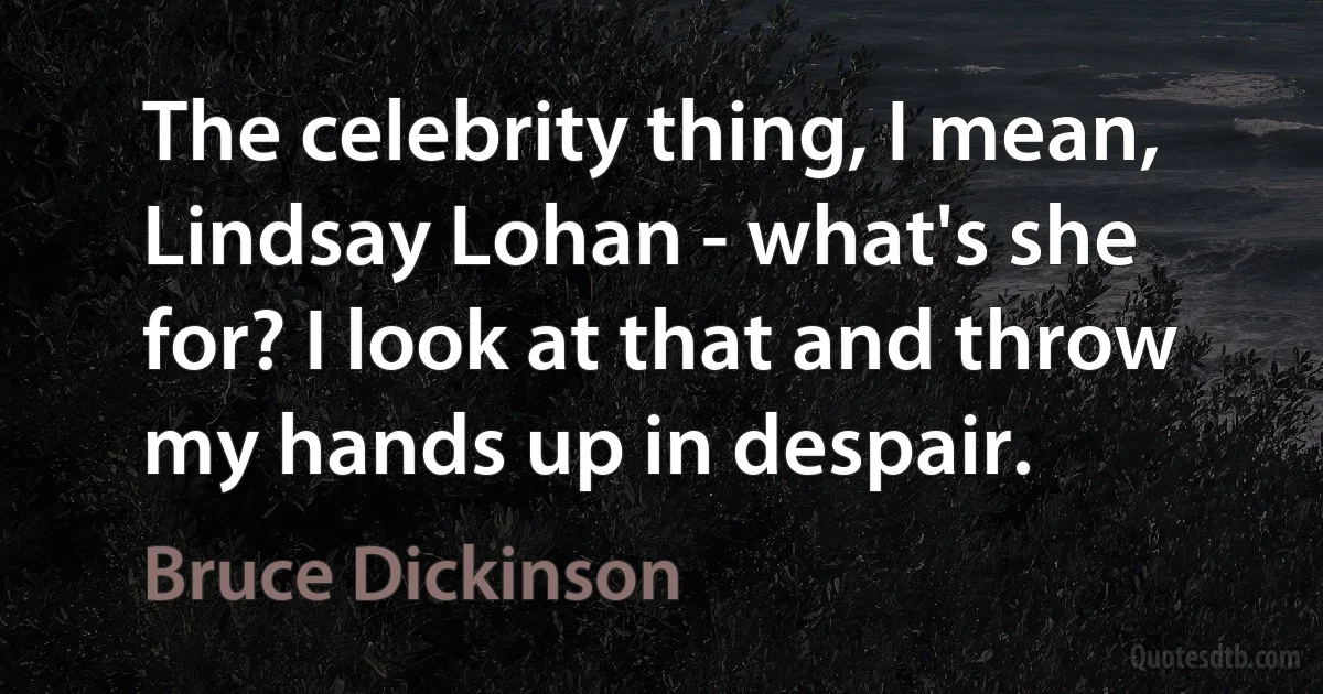 The celebrity thing, I mean, Lindsay Lohan - what's she for? I look at that and throw my hands up in despair. (Bruce Dickinson)