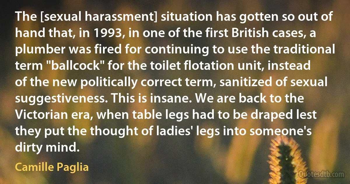 The [sexual harassment] situation has gotten so out of hand that, in 1993, in one of the first British cases, a plumber was fired for continuing to use the traditional term "ballcock" for the toilet flotation unit, instead of the new politically correct term, sanitized of sexual suggestiveness. This is insane. We are back to the Victorian era, when table legs had to be draped lest they put the thought of ladies' legs into someone's dirty mind. (Camille Paglia)