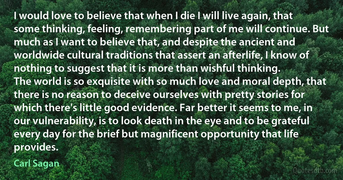 I would love to believe that when I die I will live again, that some thinking, feeling, remembering part of me will continue. But much as I want to believe that, and despite the ancient and worldwide cultural traditions that assert an afterlife, I know of nothing to suggest that it is more than wishful thinking.
The world is so exquisite with so much love and moral depth, that there is no reason to deceive ourselves with pretty stories for which there's little good evidence. Far better it seems to me, in our vulnerability, is to look death in the eye and to be grateful every day for the brief but magnificent opportunity that life provides. (Carl Sagan)