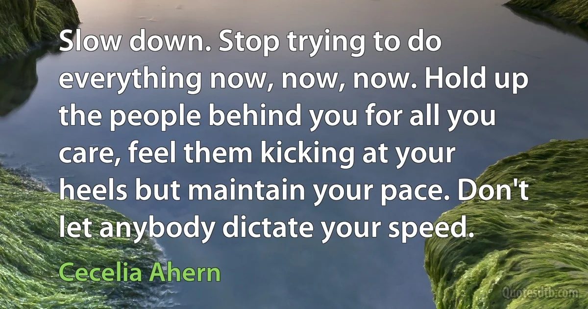 Slow down. Stop trying to do everything now, now, now. Hold up the people behind you for all you care, feel them kicking at your heels but maintain your pace. Don't let anybody dictate your speed. (Cecelia Ahern)