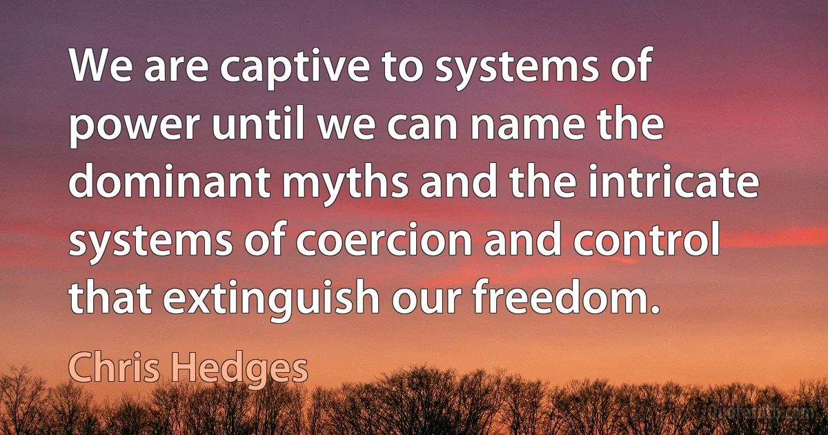 We are captive to systems of power until we can name the dominant myths and the intricate systems of coercion and control that extinguish our freedom. (Chris Hedges)