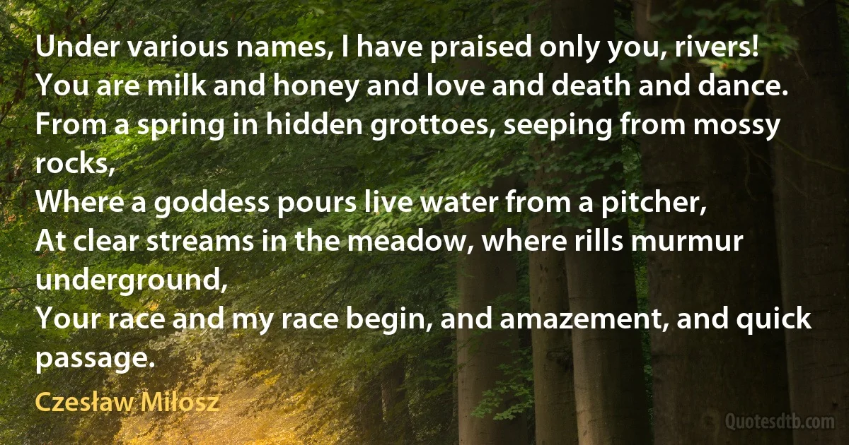 Under various names, I have praised only you, rivers!
You are milk and honey and love and death and dance.
From a spring in hidden grottoes, seeping from mossy rocks,
Where a goddess pours live water from a pitcher,
At clear streams in the meadow, where rills murmur underground,
Your race and my race begin, and amazement, and quick passage. (Czesław Miłosz)